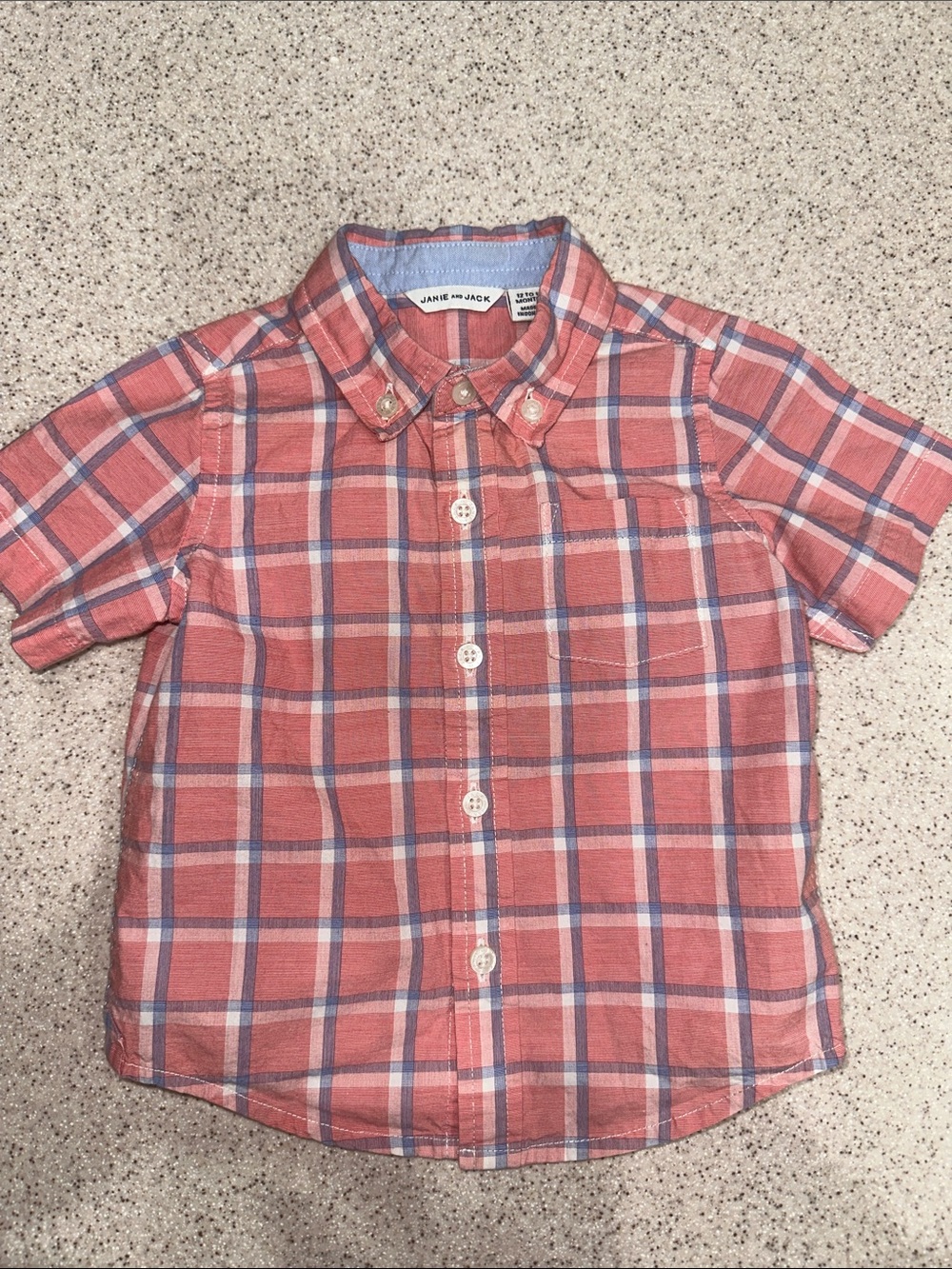 Janie and Jack Coral and Blue Plaid Button-Up Shirt 12-18 months